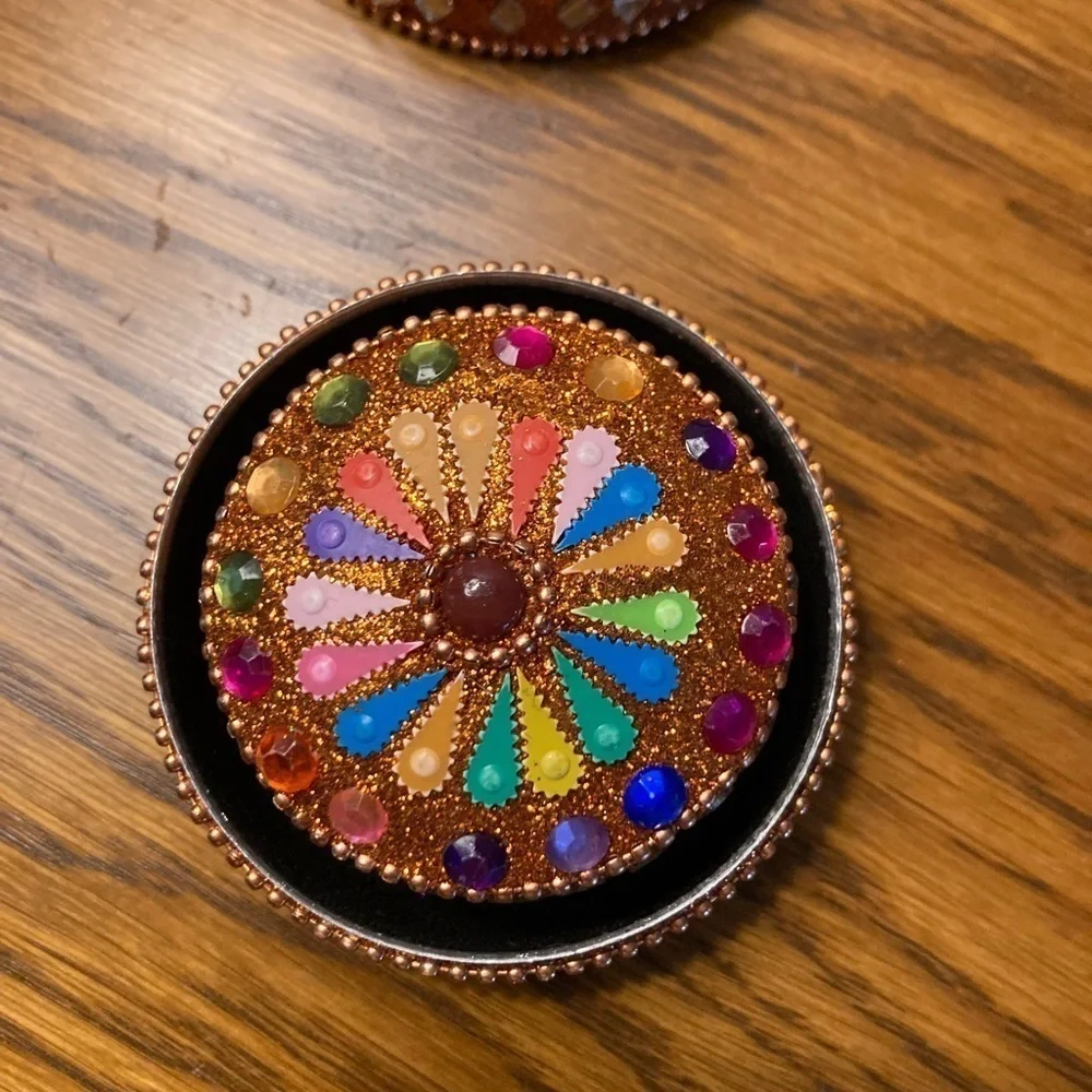 Round Trinket Box Multicolor Stones Indian Nesting Boxes Red Gold Set Of 3